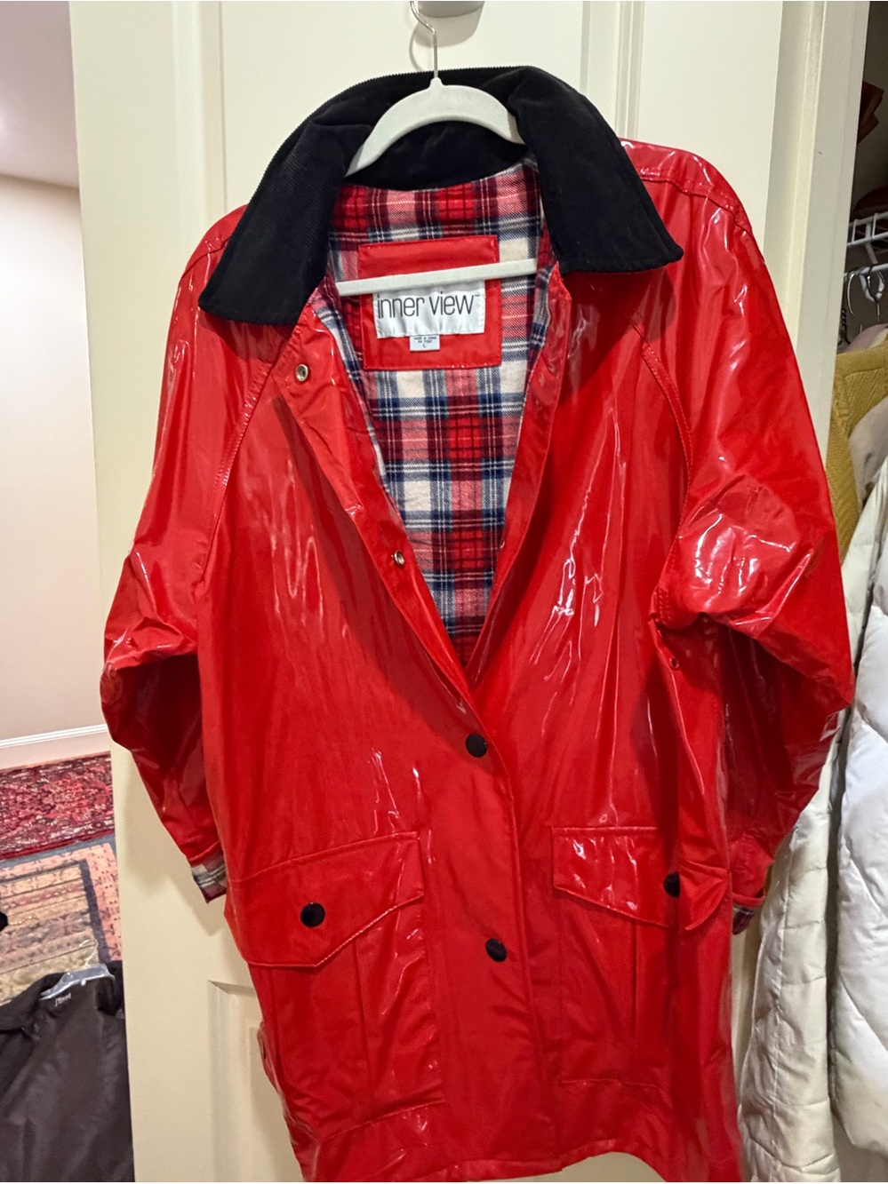 Women's Vintage Waterproof Vinyl Raincoat with soft plaid lining & black collar